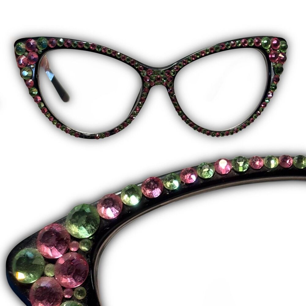 Bedazzled Pink Green Cat-Eye Glasses